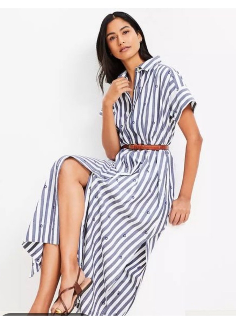 LOFT Striped Shirt Dress with Belt - Blue and White